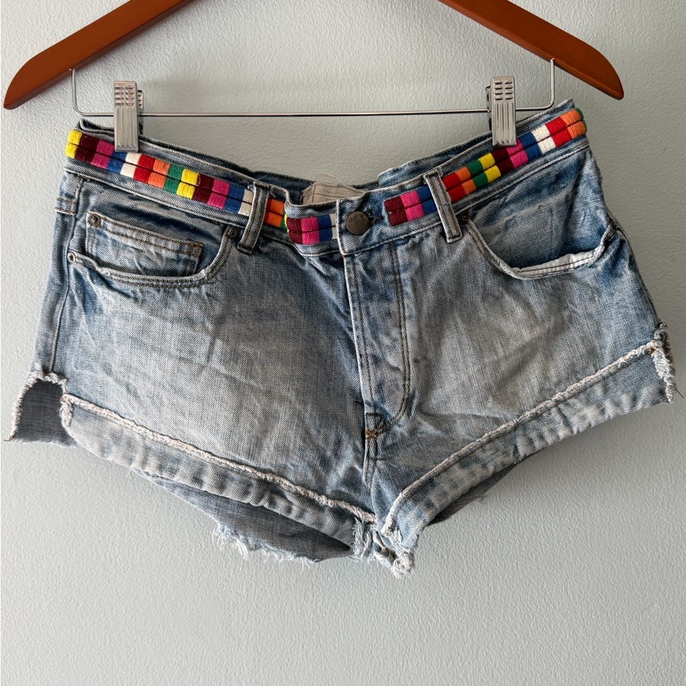 Free People Light Blue Denim Jean Shorts with Multicolor Waistband